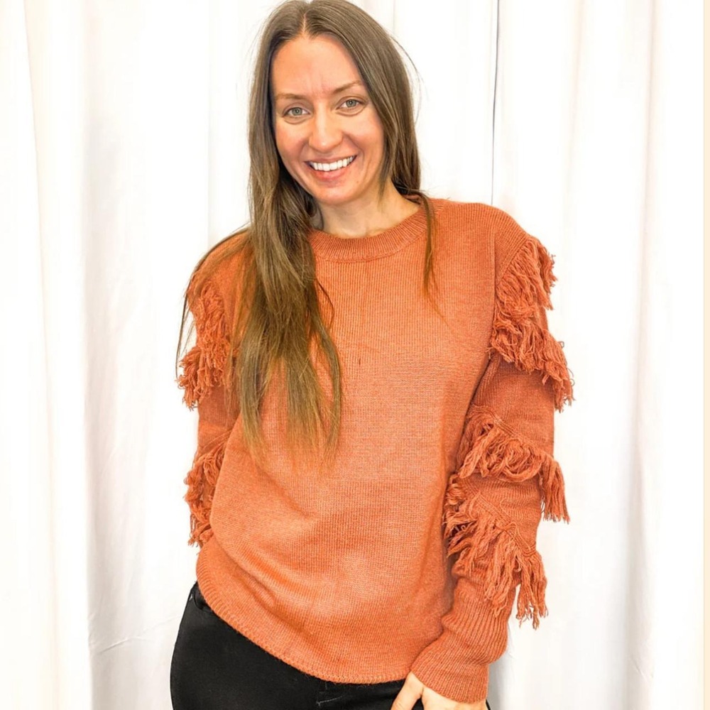 Vine & Love Sweater Womens Large Rust Fringe Sleeve Pullover Boho Chunky Knit